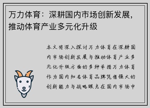 万力体育：深耕国内市场创新发展，推动体育产业多元化升级